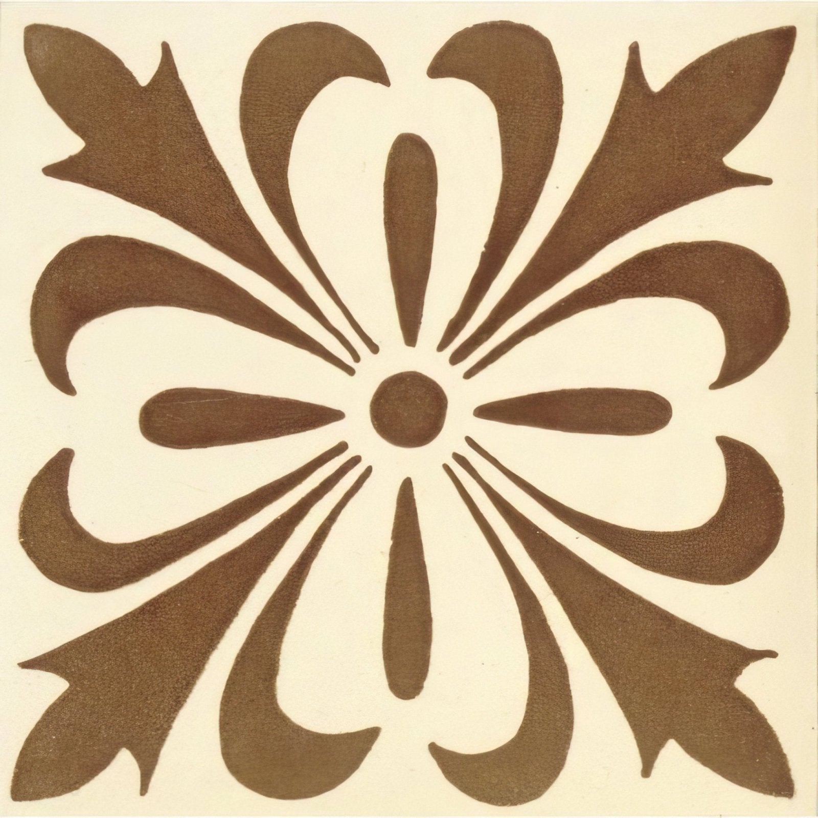 Brown floral tile with symmetrical radiating pattern on off-white background from cardigan red on white collection