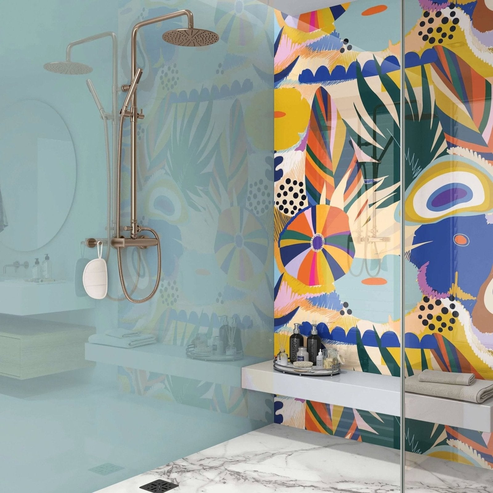 The Caribbean Dream shower wall panel features a sleek modern showerhead with brushed brass finish and circular perforated face