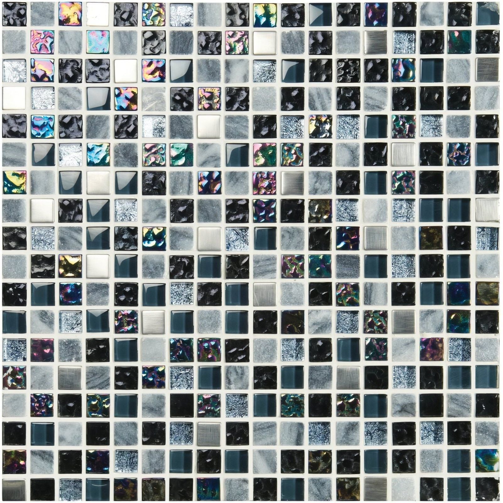 A Carinthia Earth and Fire mixed mosaics tile panel with gray black and iridescent blue metallic finishes