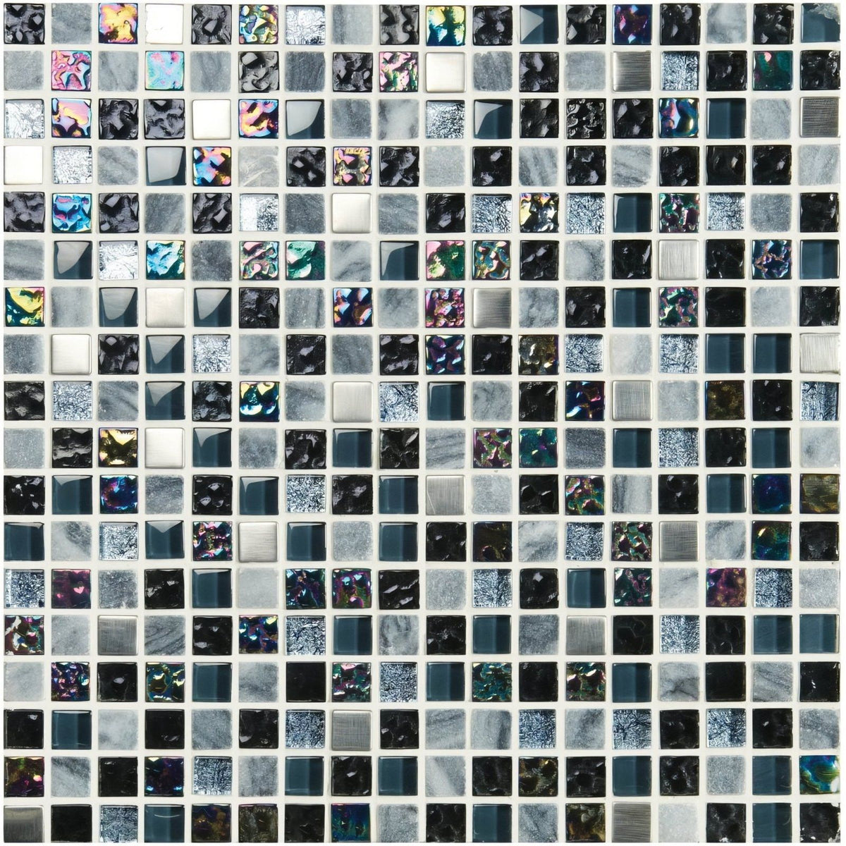 A Carinthia Earth and Fire mixed mosaics tile panel with gray black and iridescent blue metallic finishes