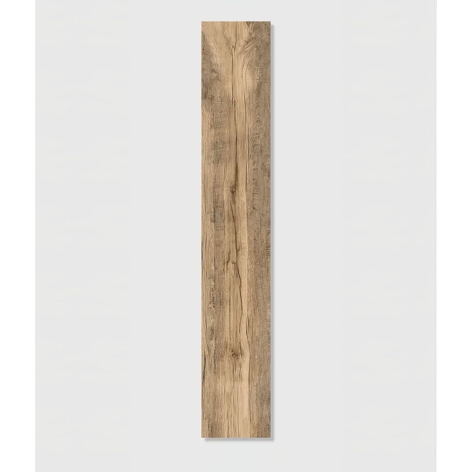 A long vertical carpenter porcelain natural wooden plank with natural light brown finish and visible grain patterns