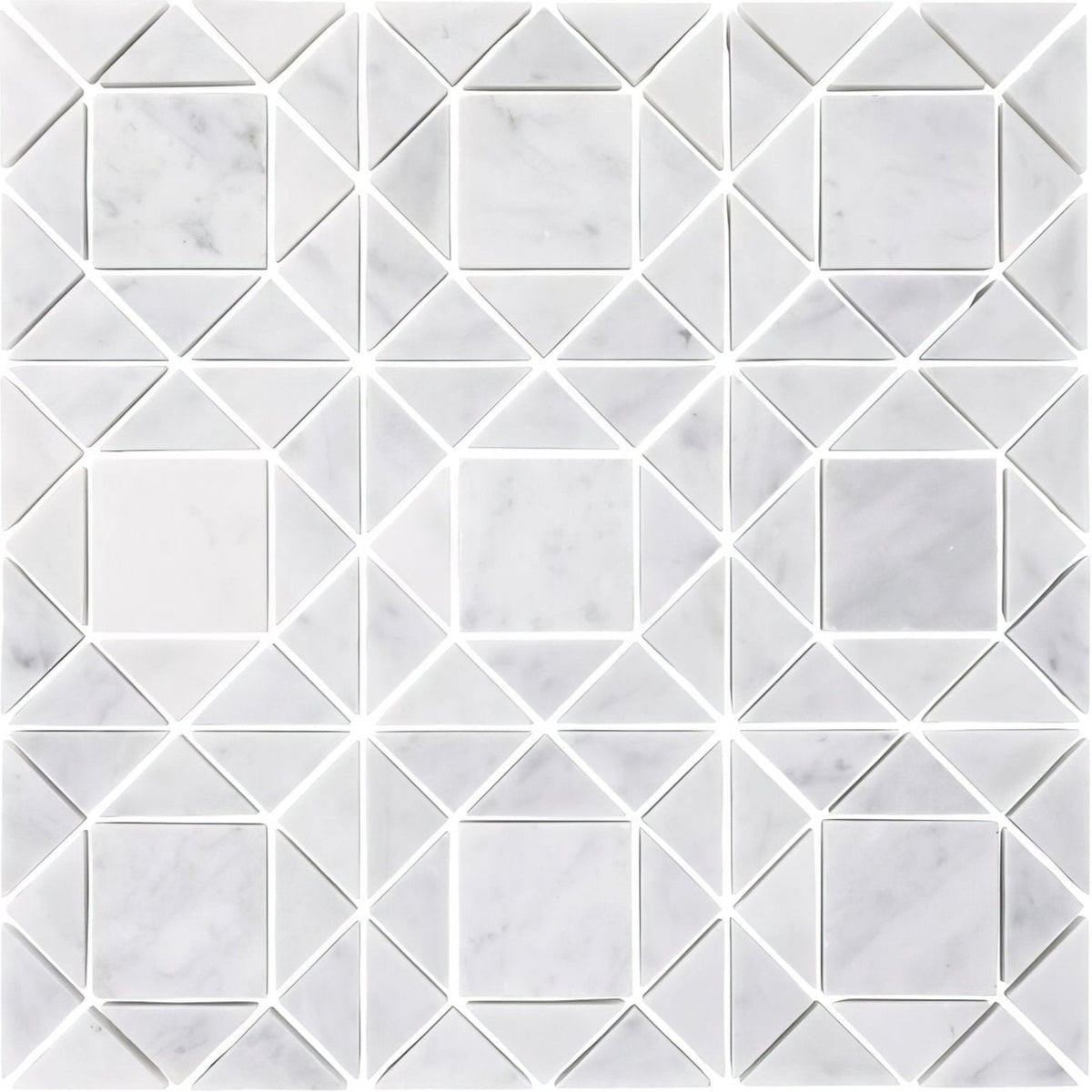 Carrara white jewel mosaic white marble tile with geometric interlocking squares and triangles pattern