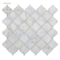 Carrara white marble arabesque mosaic tile with white marble quatrefoil pattern and subtle gray veining