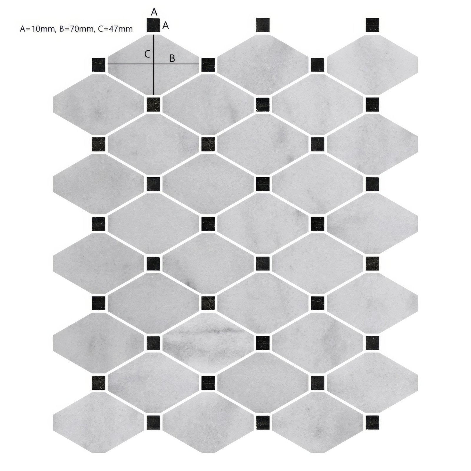Carrara white marble diamond mosaic tile with gray hexagonal marble and black square accents for decorative use