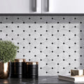 Carrara white marble diamond mosaic tile featuring white marble-effect hexagonal tiles with black square accents for kitchen backsplash