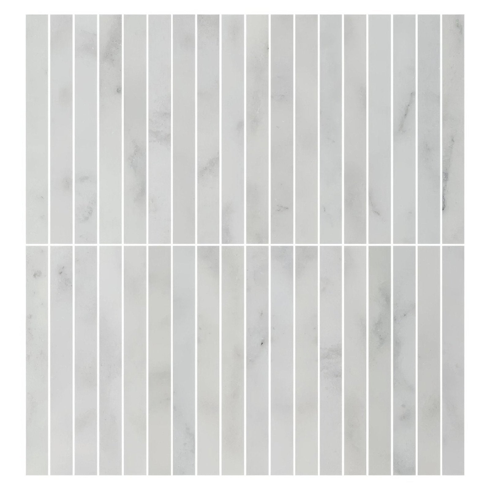 Carrara white marble kitkat mosaic tile with vertical rectangular strips and subtle gray veining on white marble