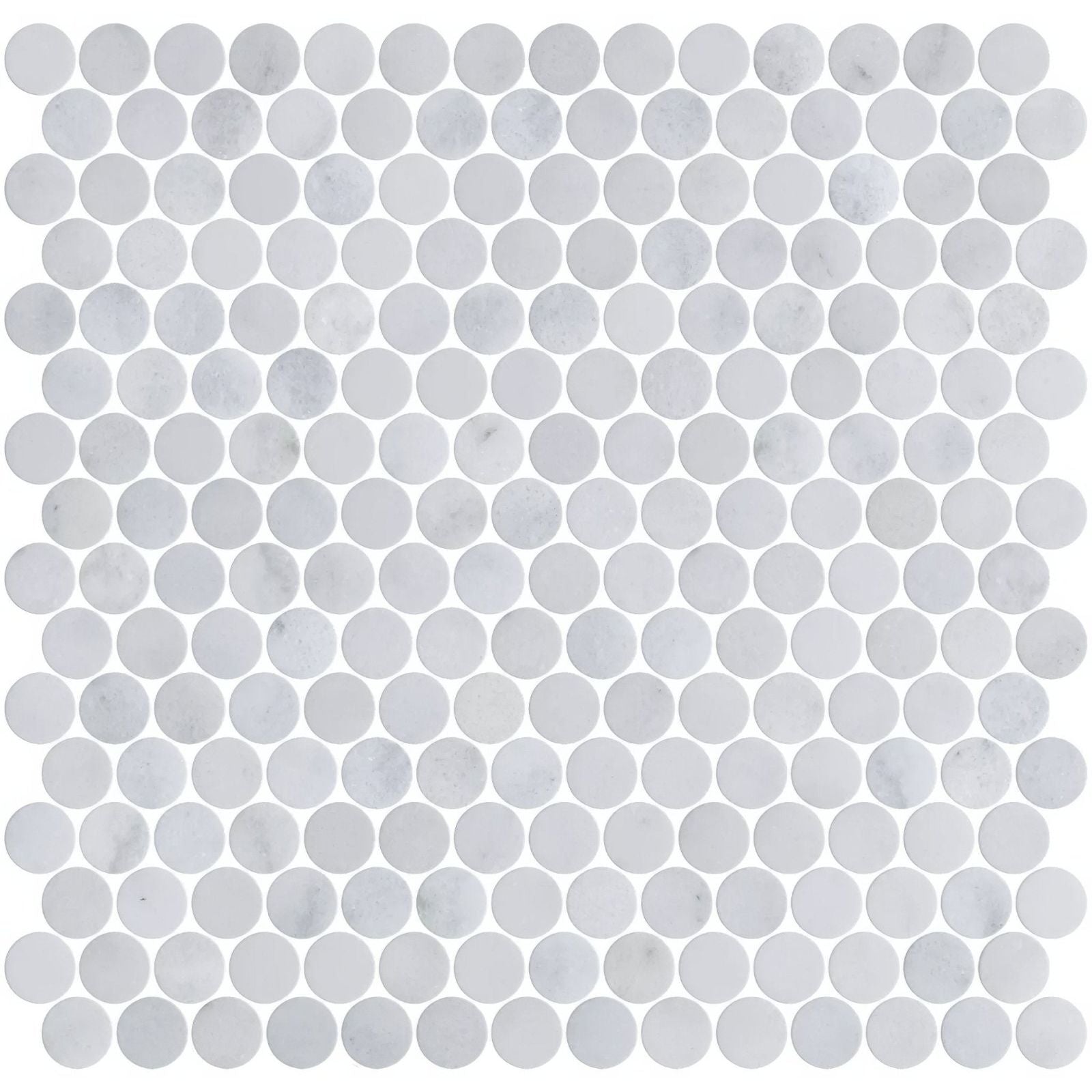 Carrara white marble penny mosaic tile featuring white circular marble pieces for elegant flooring or backsplashes