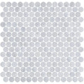 Carrara white marble penny mosaic tile featuring white circular marble pieces for elegant flooring or backsplashes
