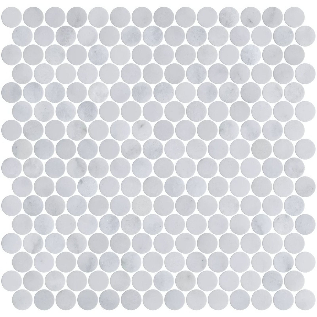 Carrara white marble penny mosaic tile featuring white circular marble pieces for elegant flooring or backsplashes