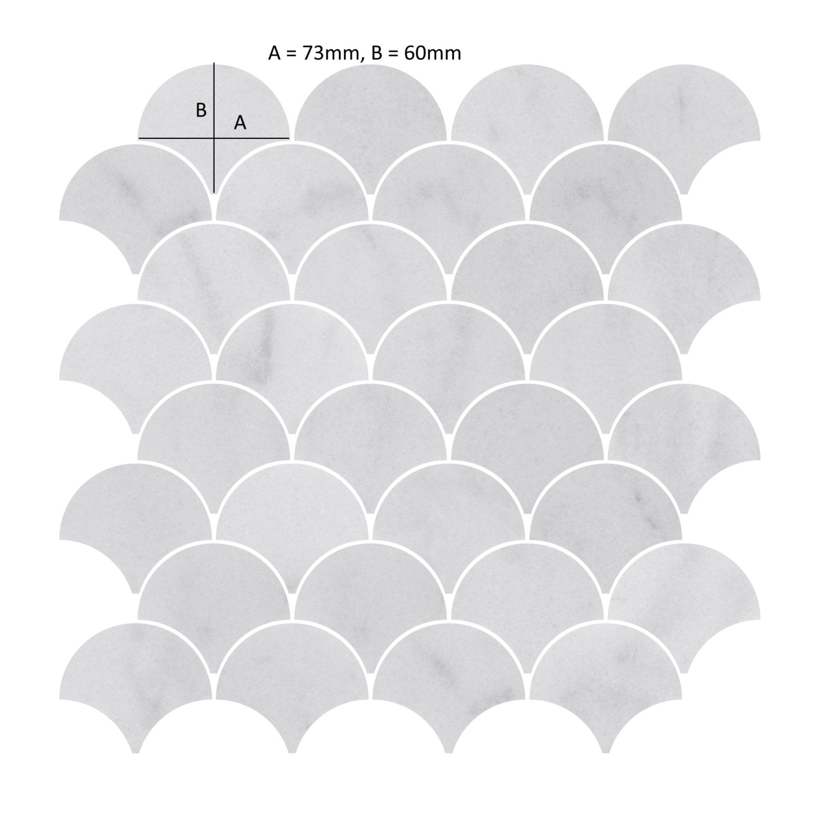 Carrara white marble scallop shell mosaic tile featuring white marble fish-scale pattern with subtle gray veining