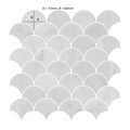 Carrara white marble scallop shell mosaic tile featuring white marble fish-scale pattern with subtle gray veining