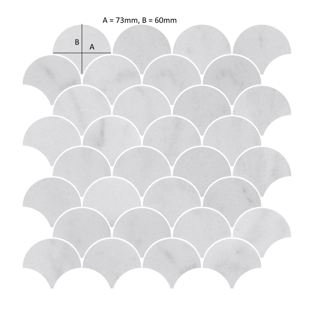 Carrara white marble scallop shell mosaic tile featuring white marble fish-scale pattern with subtle gray veining