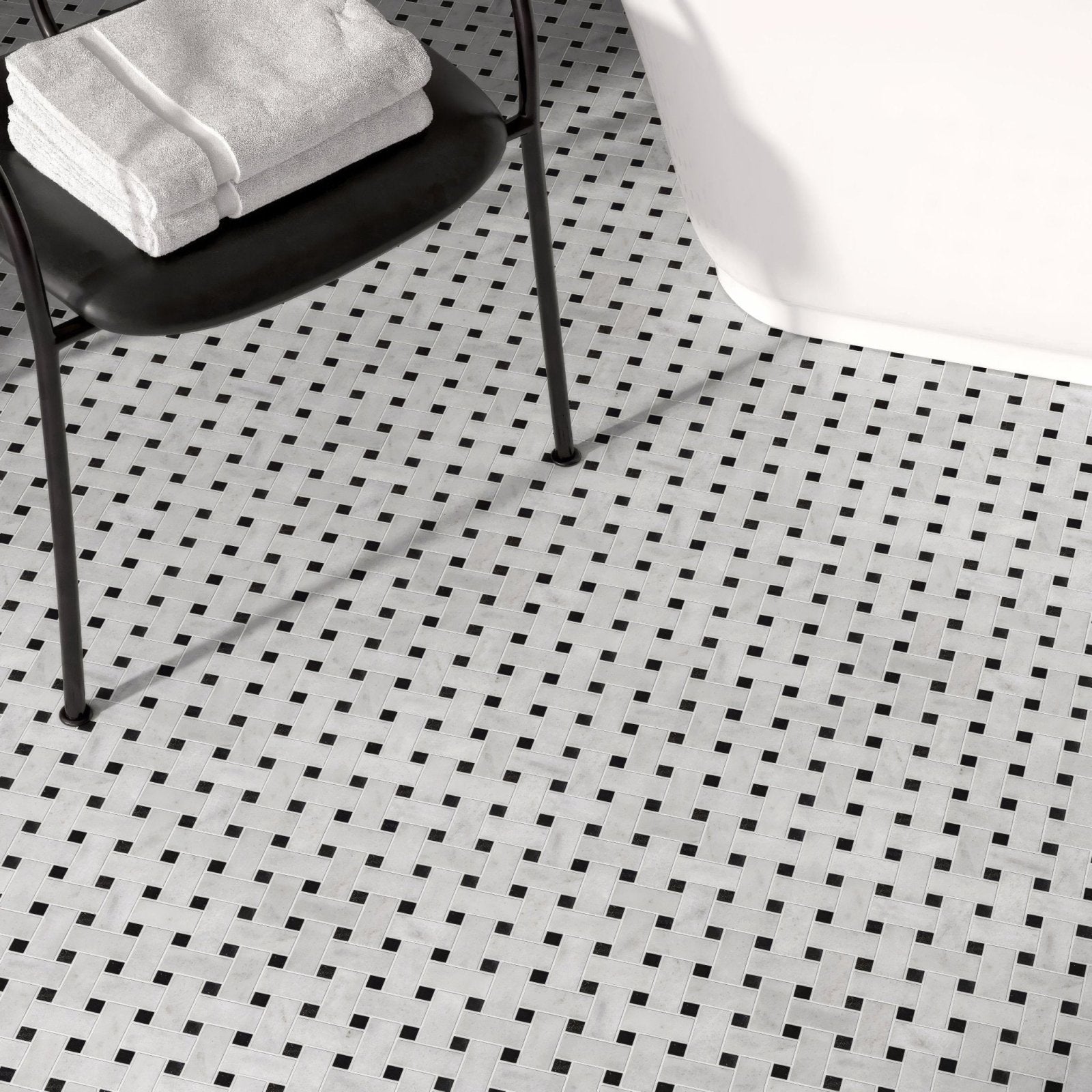 Black and white carrara white st laurent basketweave mosaic tile floor with woven pattern in marble material