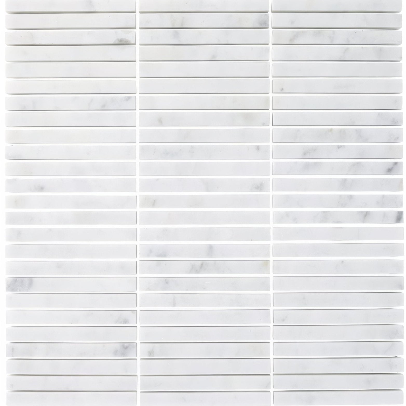 Carrara white stacked mosaic white marble tile with subtle gray veining arranged in horizontal strips