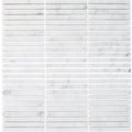 Carrara white stacked mosaic white marble tile with subtle gray veining arranged in horizontal strips