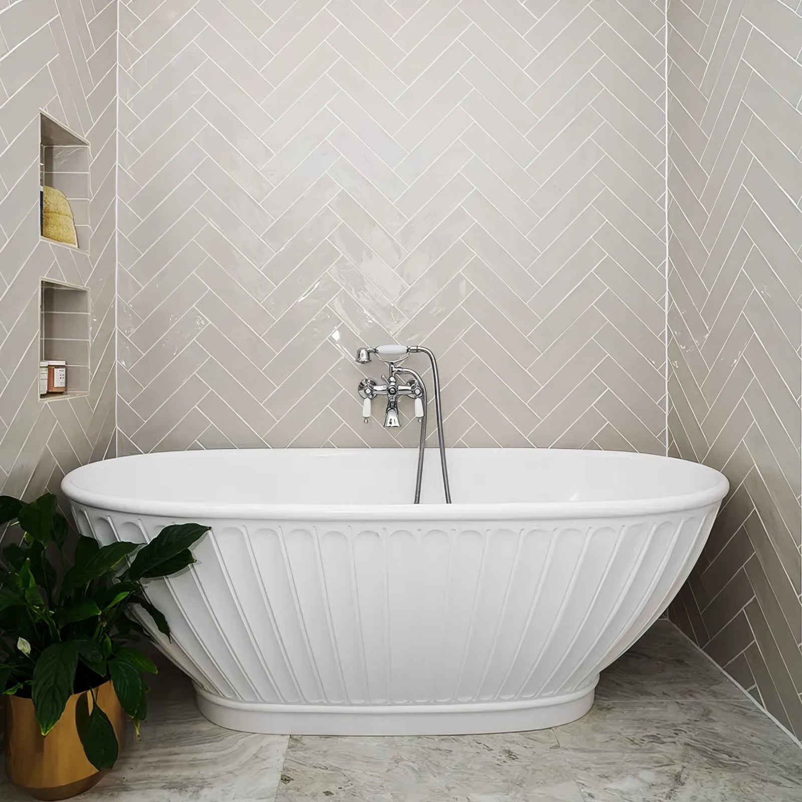 Carter Ceramic Ecru Wall Tile 30x7.5cm in a bathroom setting