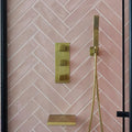 Carter Ceramic Rose gold-toned shower fixture set with modern design three square control knobs and handheld spray head