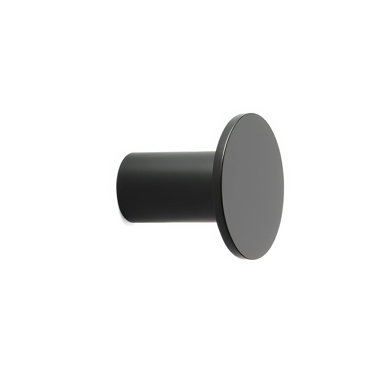Black matte-finished carter hook with cylindrical stem and circular head for wall mounting and hanging items