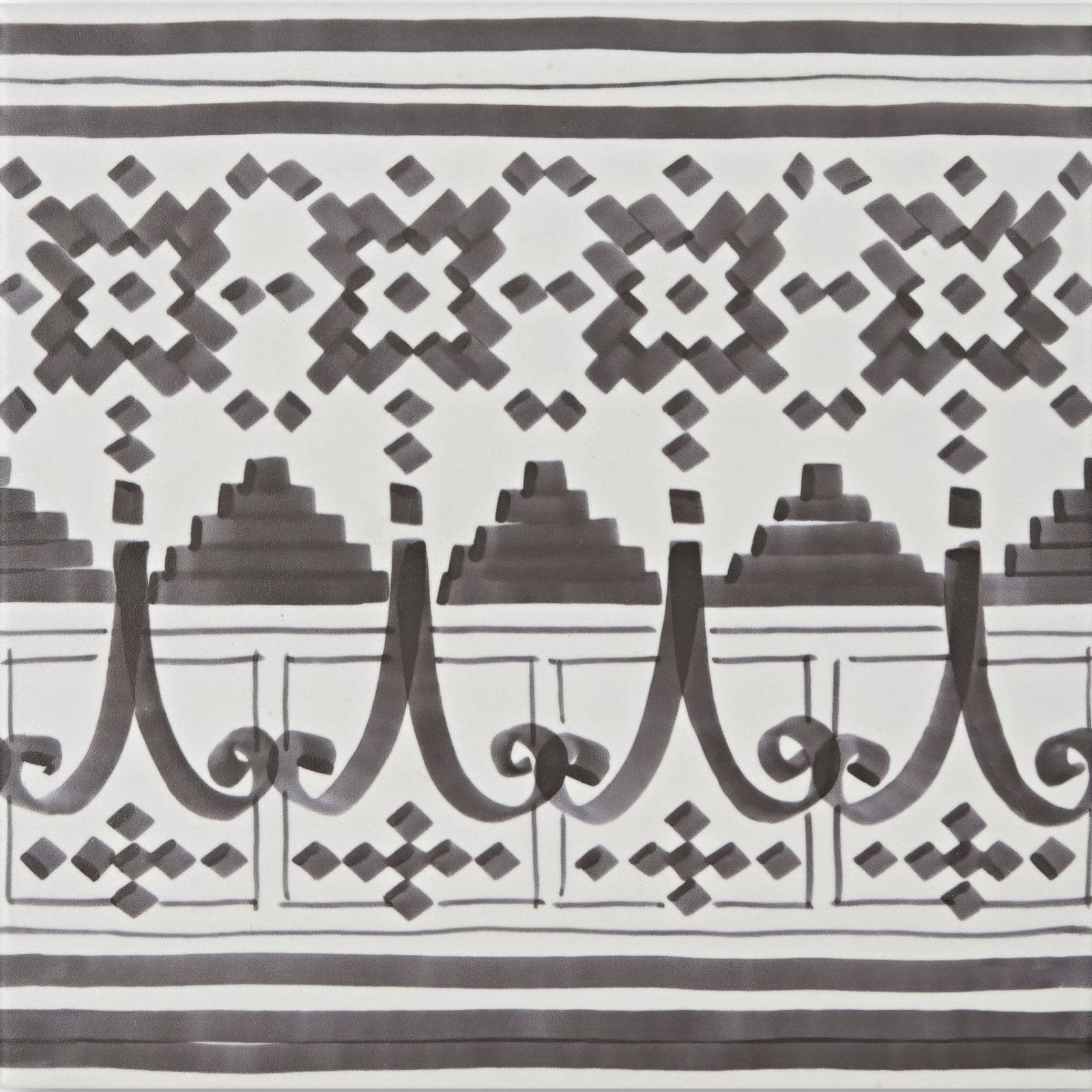 Black and white casino dealer patterned border textile featuring geometric stepped towers and ornate scrollwork design