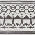 Black and white casino dealer patterned border textile featuring geometric stepped towers and ornate scrollwork design