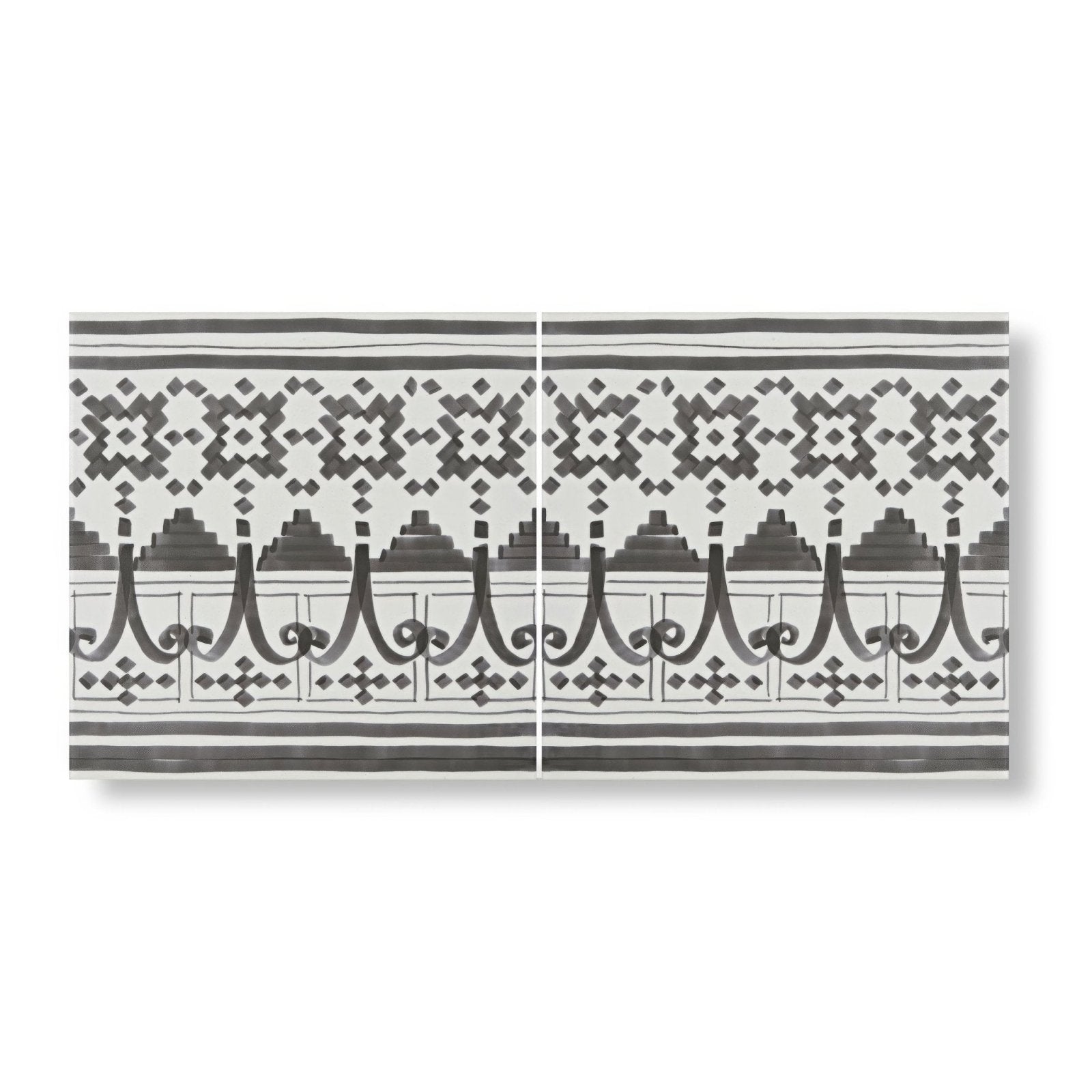 Black and white patterned ceramic tile panel featuring intricate geometric and ornamental designs for casino dealer border