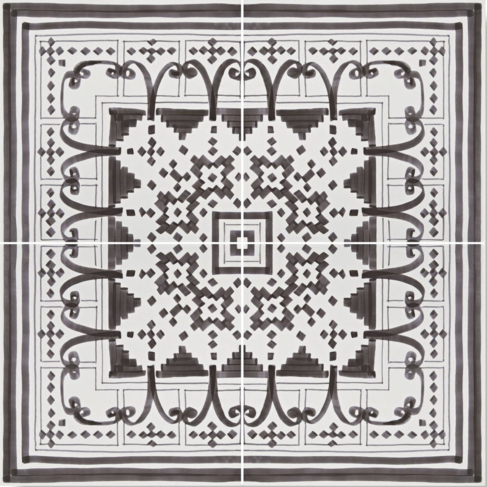 Black and white ceramic casino dealer corner tile with intricate symmetrical geometric pattern design