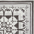 A black and white geometric patterned scarf with intricate arches diamond motifs and a bold border called Casino Dealer Corner Tile