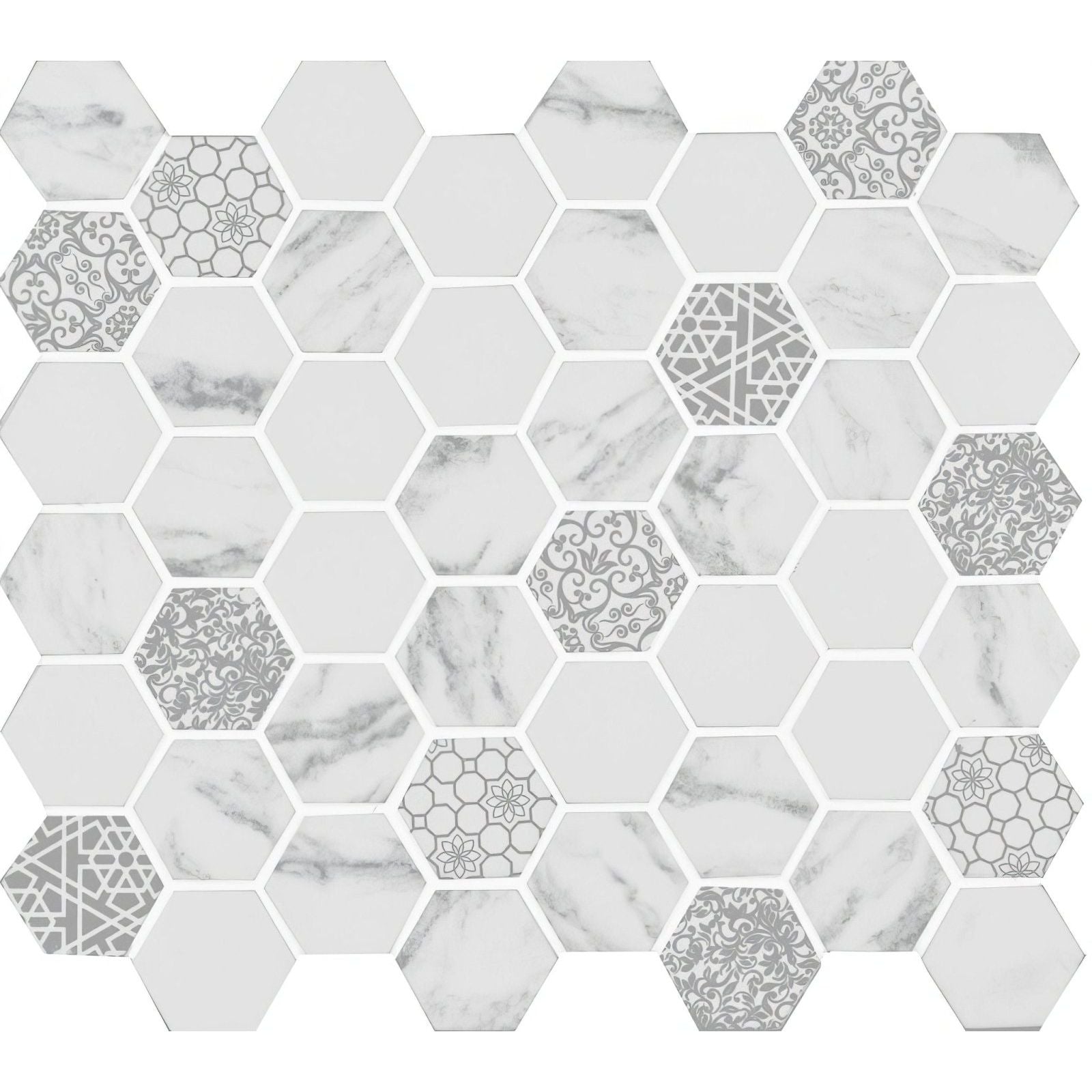 Hexagonal caspar recycled glass mosaic panel with white marble and gray floral geometric damask patterned tiles