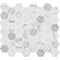 Hexagonal caspar recycled glass mosaic panel with white marble and gray floral geometric damask patterned tiles