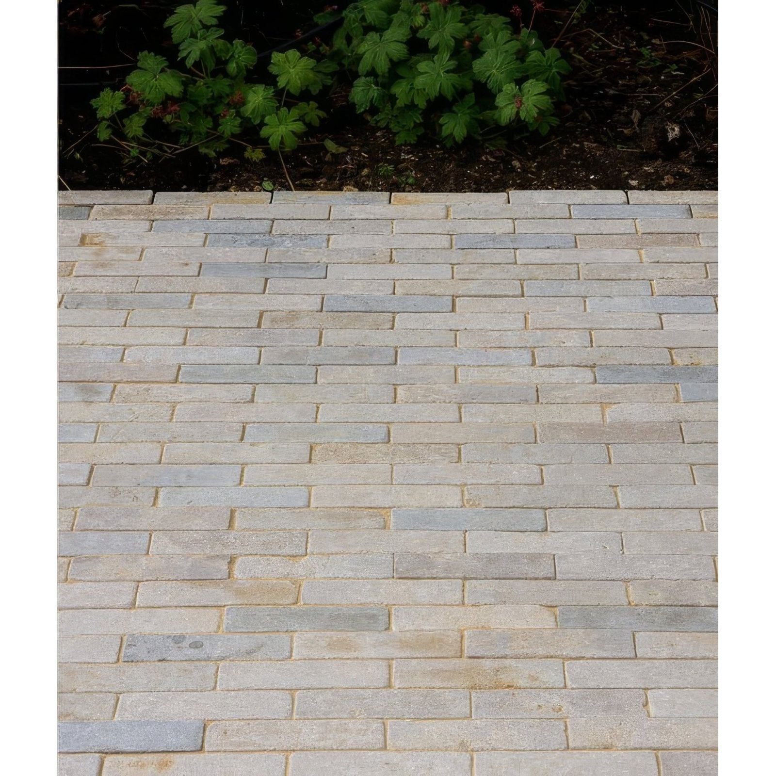 Light gray and beige rectangular castilan limestone tumbled klinkers arranged in a staggered brick pattern