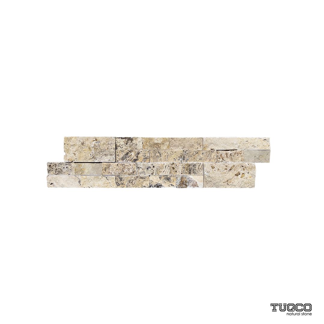 Scabos travertine split face ledger panel with banded rust, bronze and cream stone courses