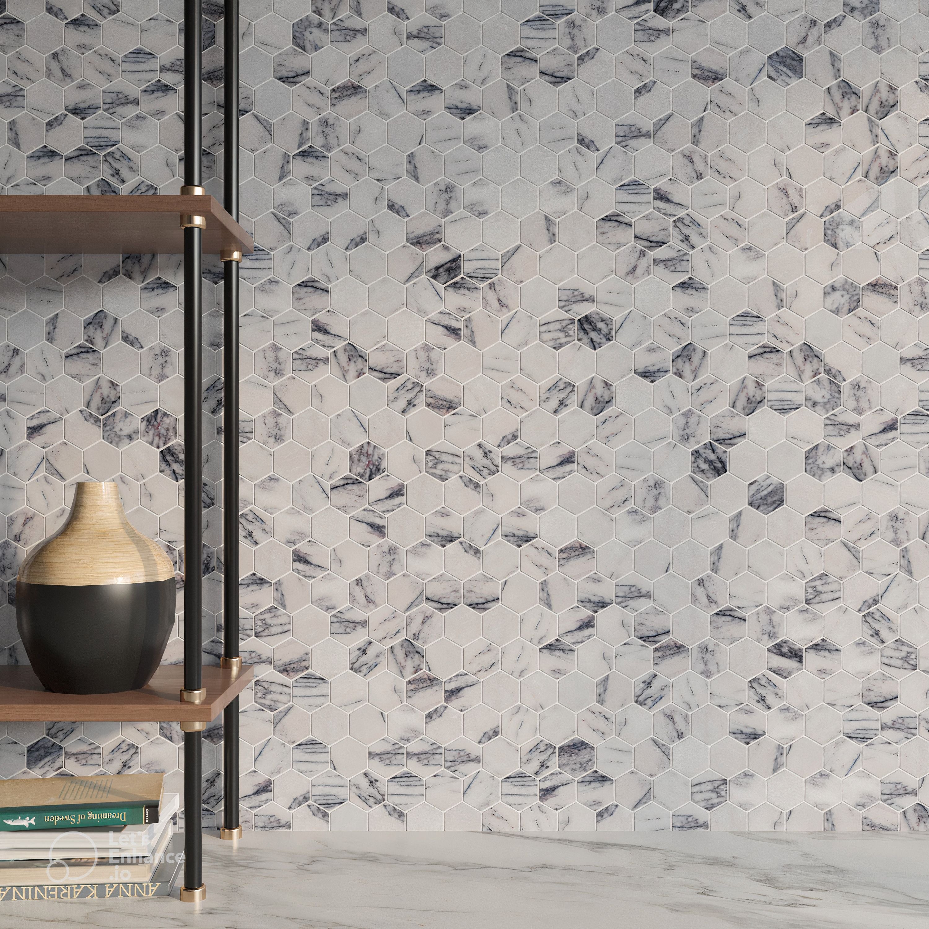 Close detail of polished Calacatta Viola marble hexagons showing aubergine and oxblood veining on ivory