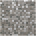 Cedar grey glass stone metal mix mosaic 15x15mm featuring gray silver textured stone polished marble and metallic accents