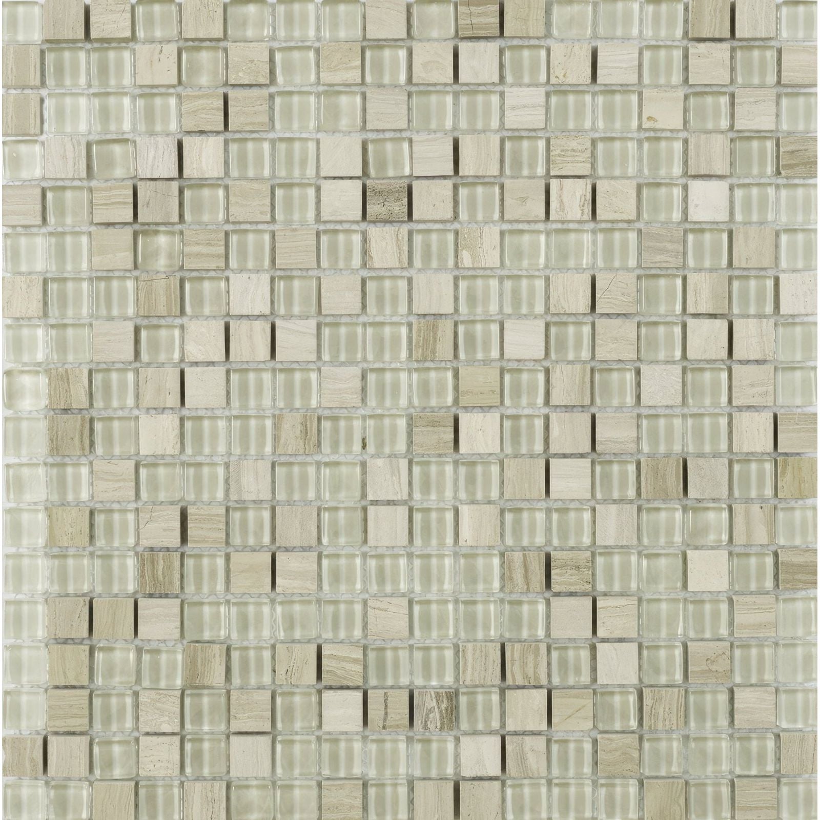 Beige and gray cedar wood glass and stone mix mosaic tile featuring translucent glass and stone-like squares