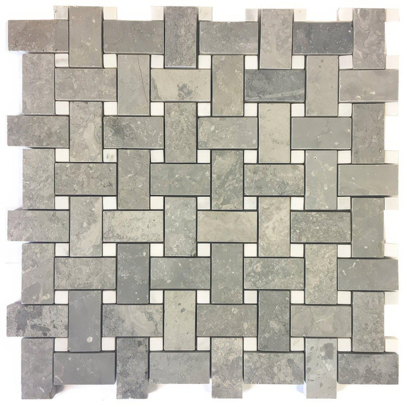 Gray stone cement basketweave mosaic tile with woven pattern accentuated by white grout for elegant wall design