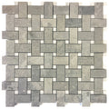 Gray stone cement basketweave mosaic tile with woven pattern accentuated by white grout for elegant wall design