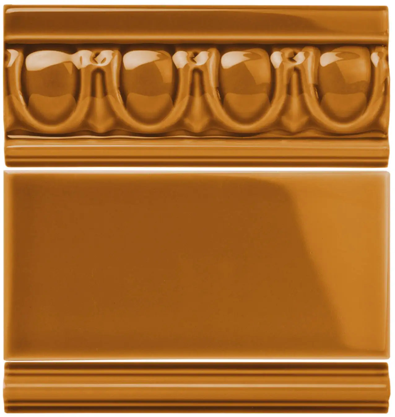 Ceramic tile with a glossy caramel finish, featuring an ornate molded border design above and below its smooth rectangular surface.