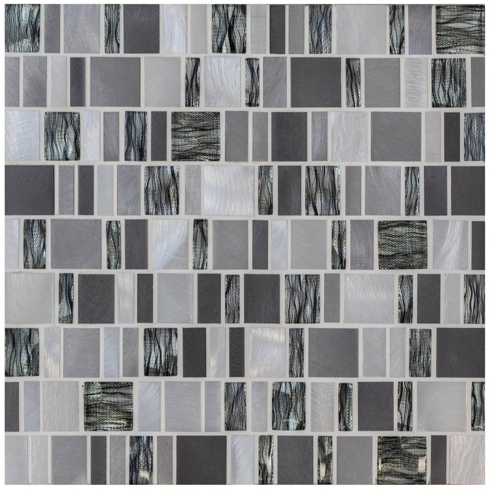 Gray and black textured glass mosaic tile with modern abstract design in ceres rectangle mix mosaic pattern