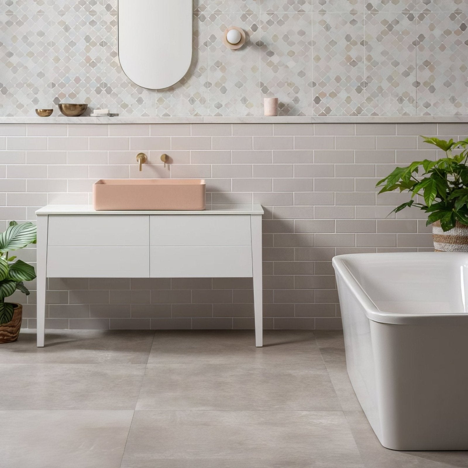 Pink rectangular vessel sink with matte finish atop white vanity in chancel grey large brick bathroom setting