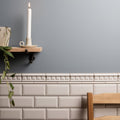 White rectangular subway tile wall with chancel grey omega decorative molding trim above