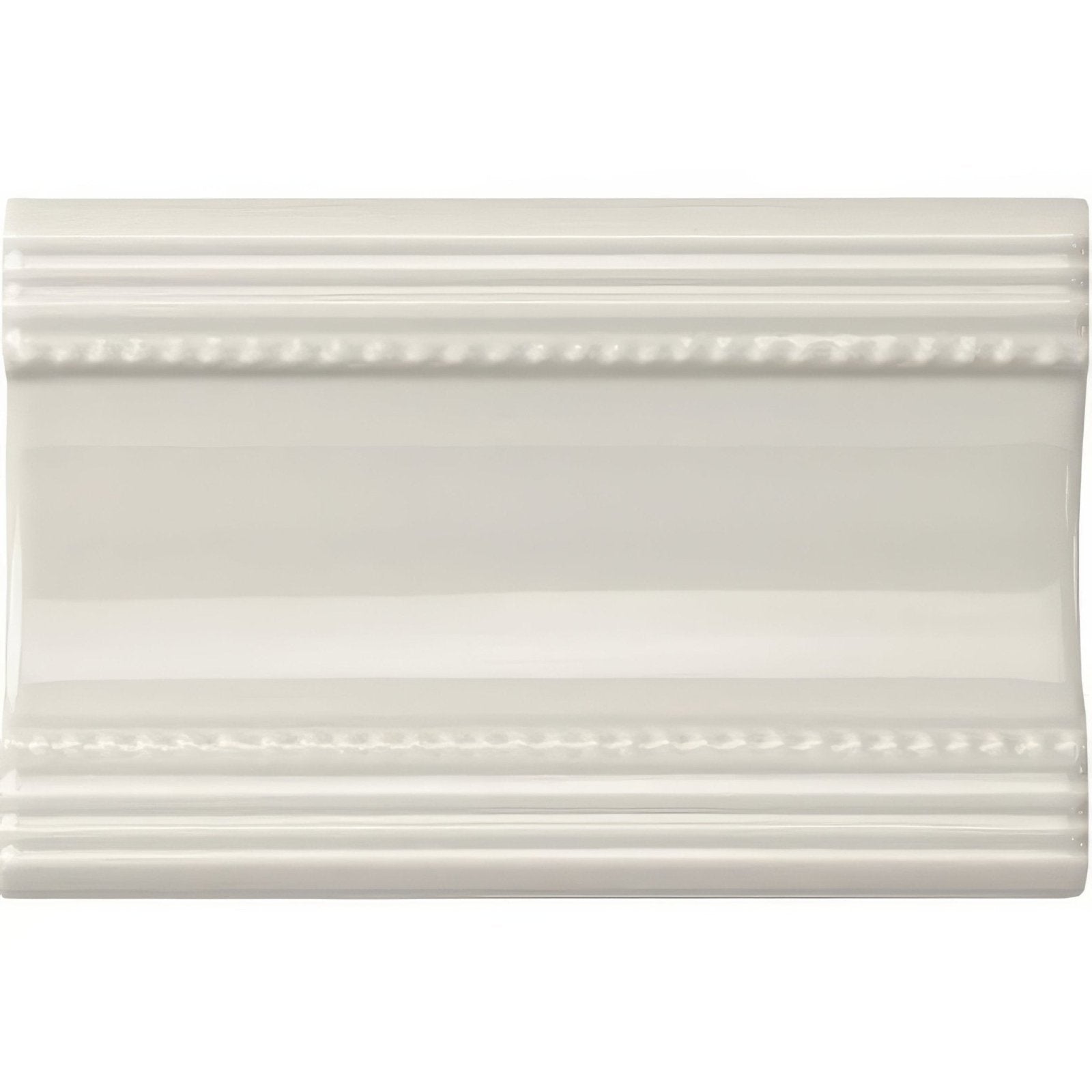 Chancel grey plain cornice cream-colored ceramic tile with glossy finish and decorative beaded molding edges