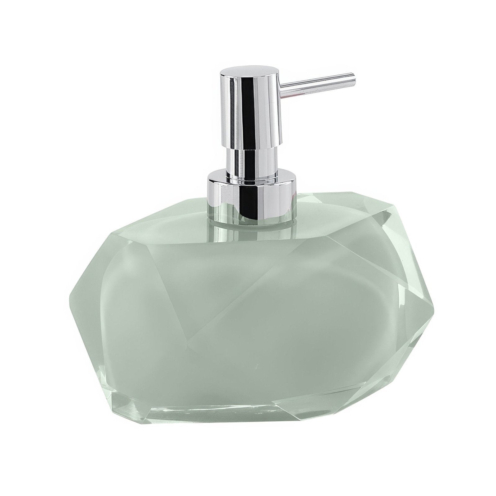 A sleek faceted frosted green glass chanelle soap dispenser with a polished chrome pump for mint hand soap