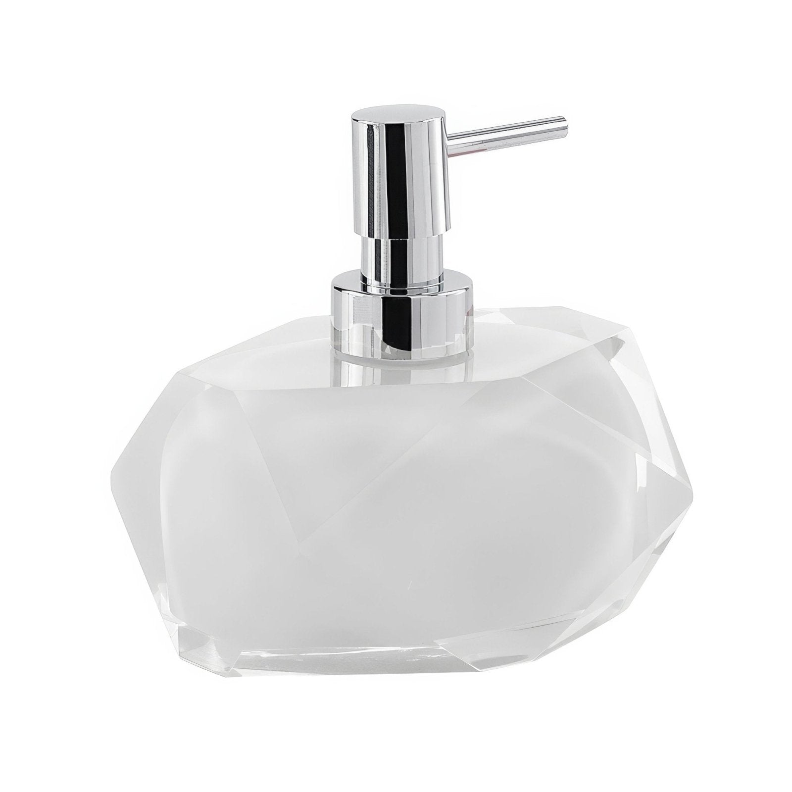 Chanelle soap dispenser white clear faceted glass with a sleek chrome pump for elegant bathroom use