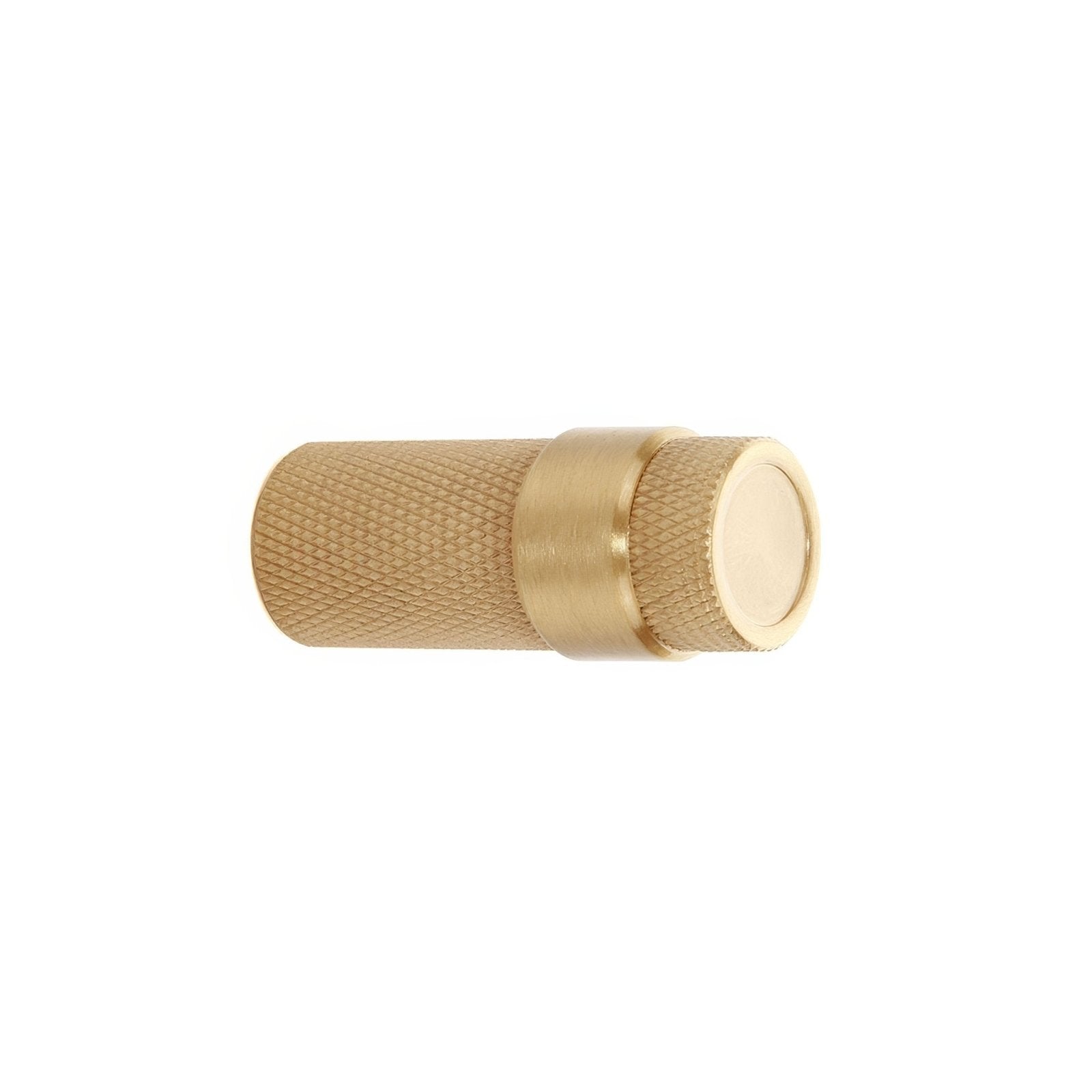 Channing Hook brushed brass cabinet knob in gold with a textured knurled surface and smooth central band