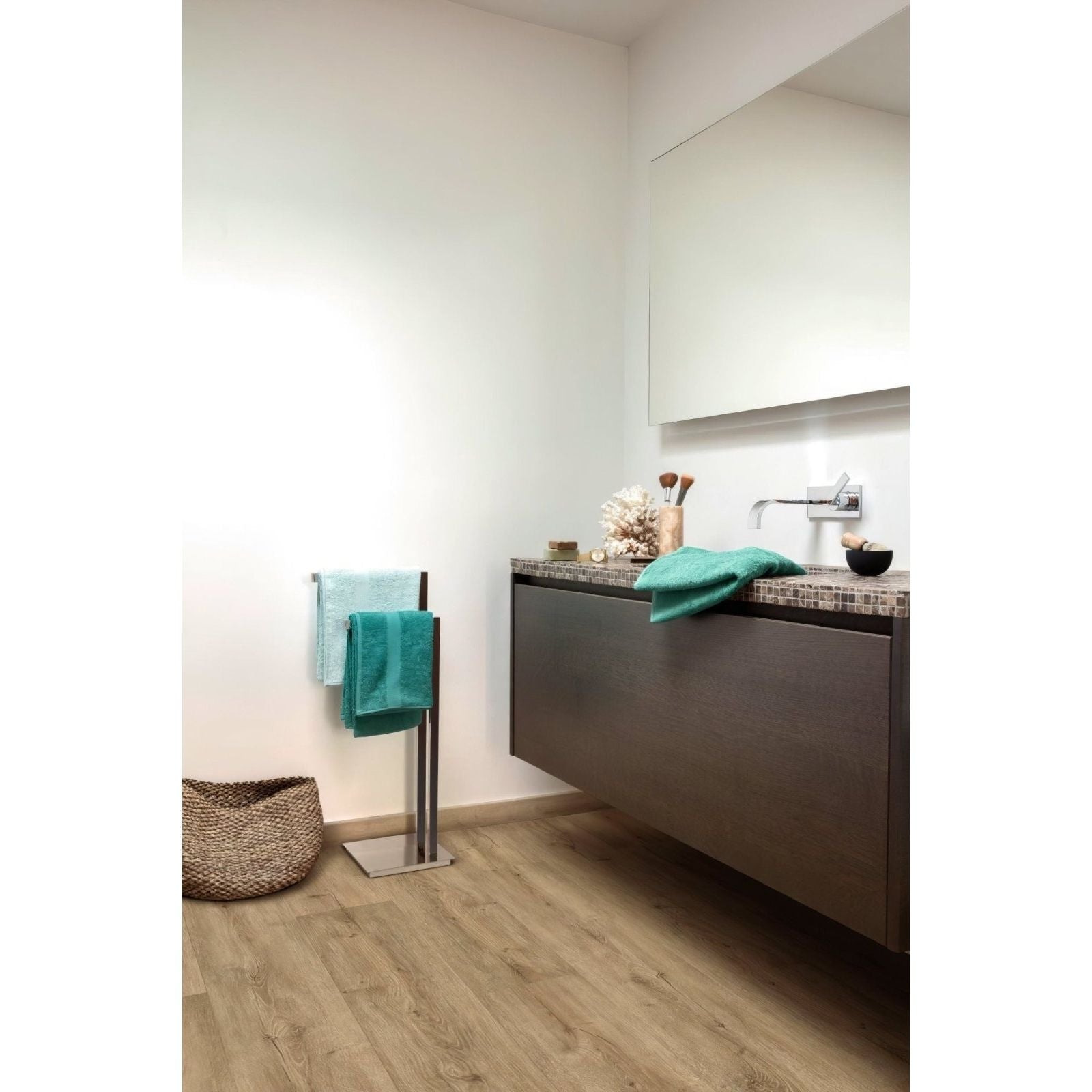 Modern matte-finished dark brown vanity with mosaic-tiled countertop and integrated sink on chanterelle f011 vinyl planks