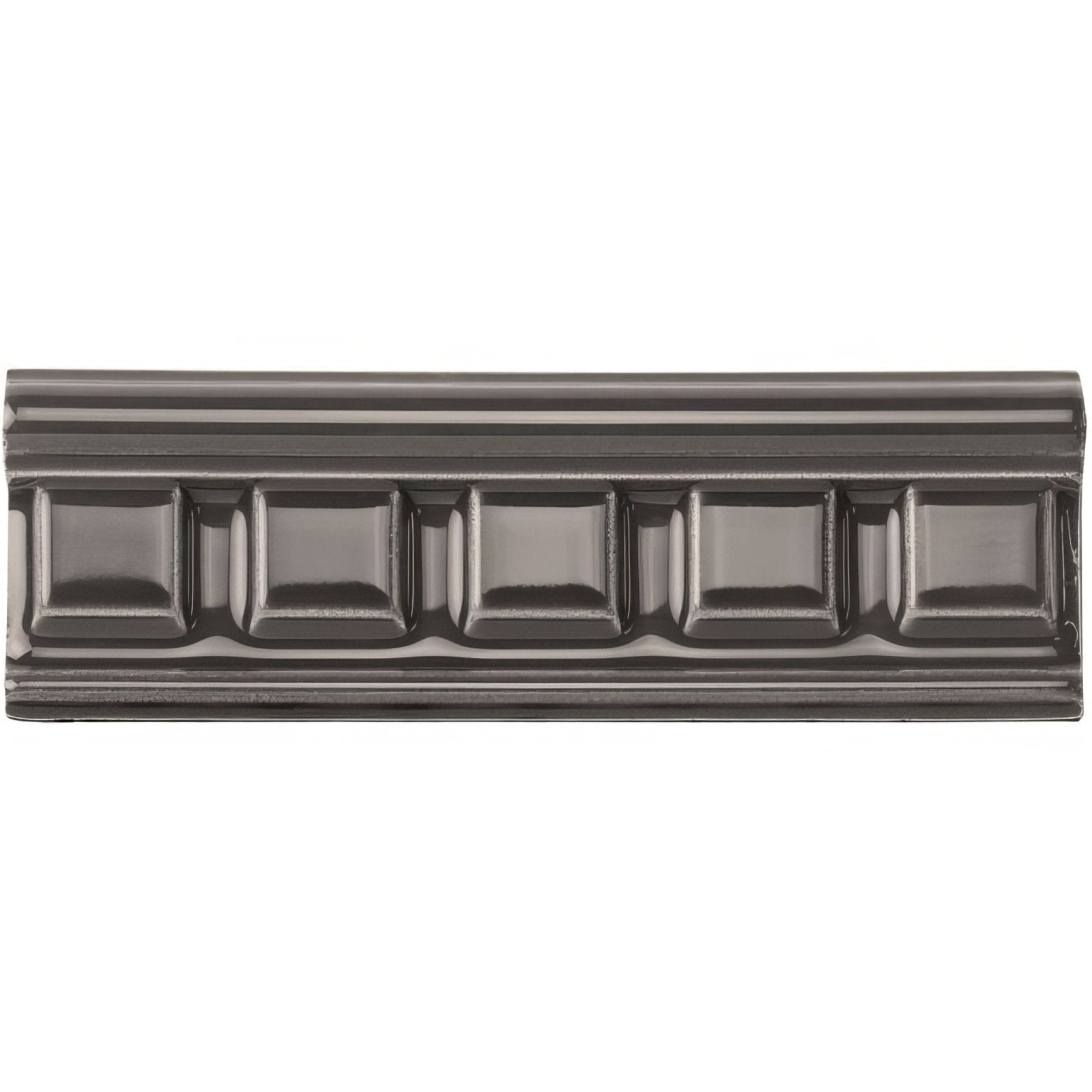 Charcoal grey dentil moulding ceramic tile with a raised rectangular pattern and beveled edges in dark gray