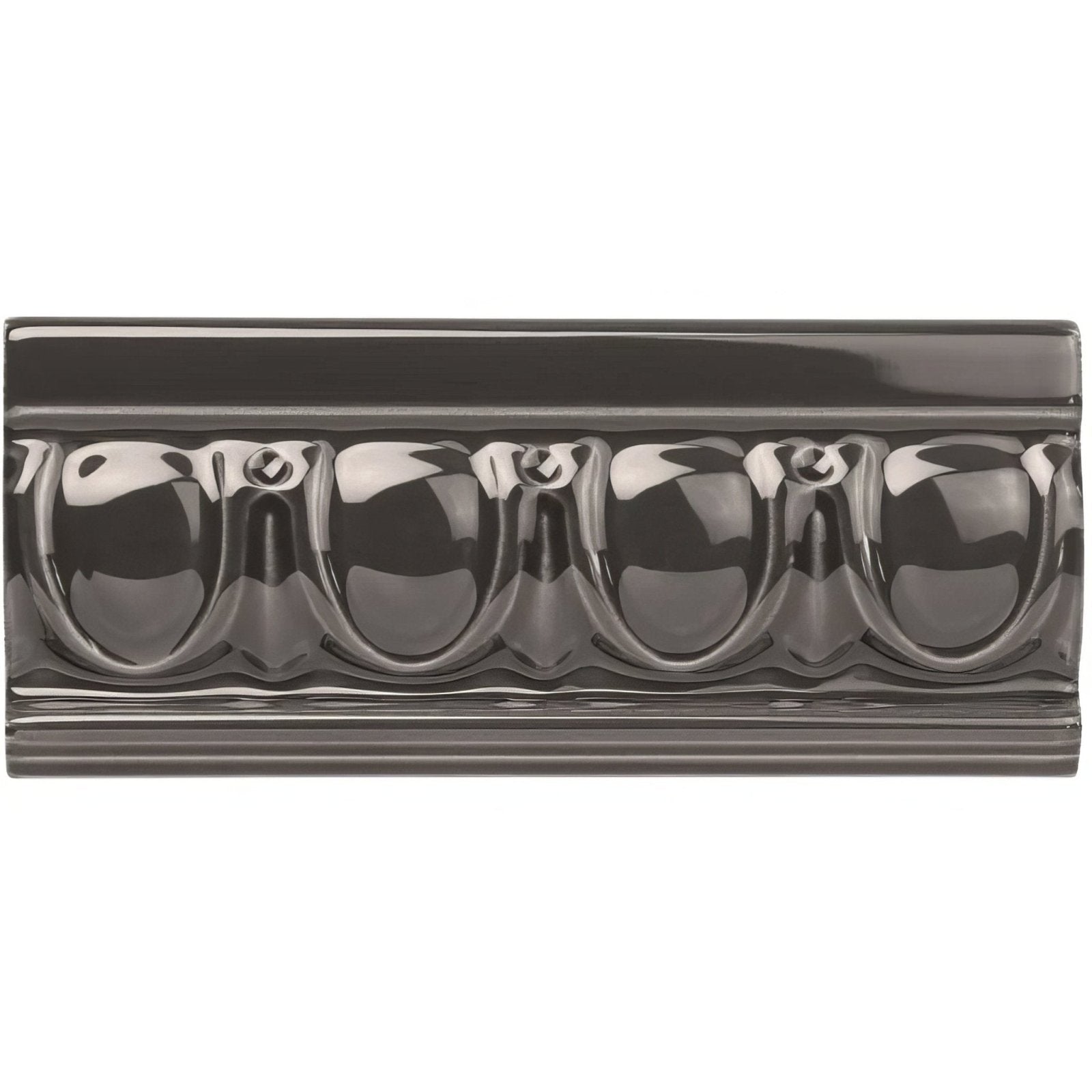 Charcoal grey egg and dart moulding in black glossy ceramic with decorative repeating oval and scalloped design