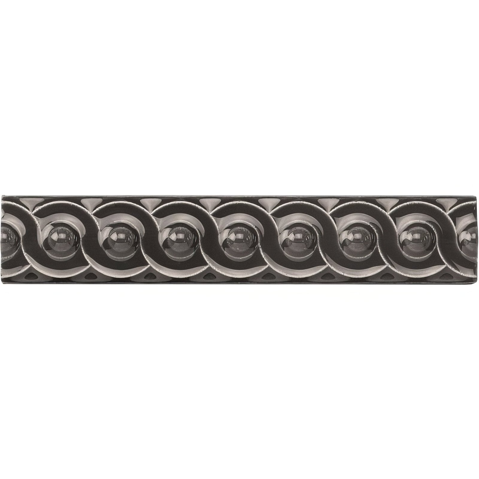 Charcoal grey scroll moulding black metal decorative trim with repeating interlocking circular motifs