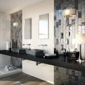 Charm 30 x 30cm dark grey glossy ceramic tiles behind black rectangular vessel sinks