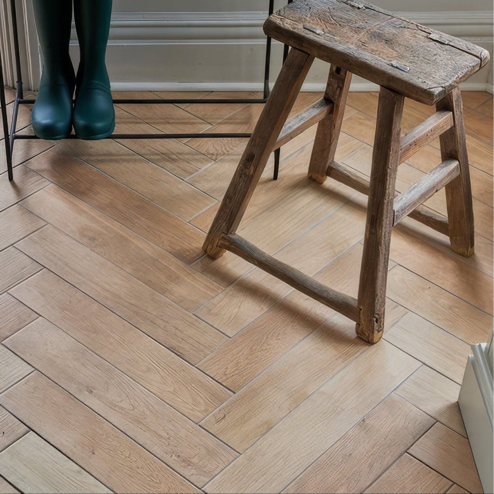 Weathered wooden stool chatham porcelain oak with rustic handcrafted legs and worn textured top